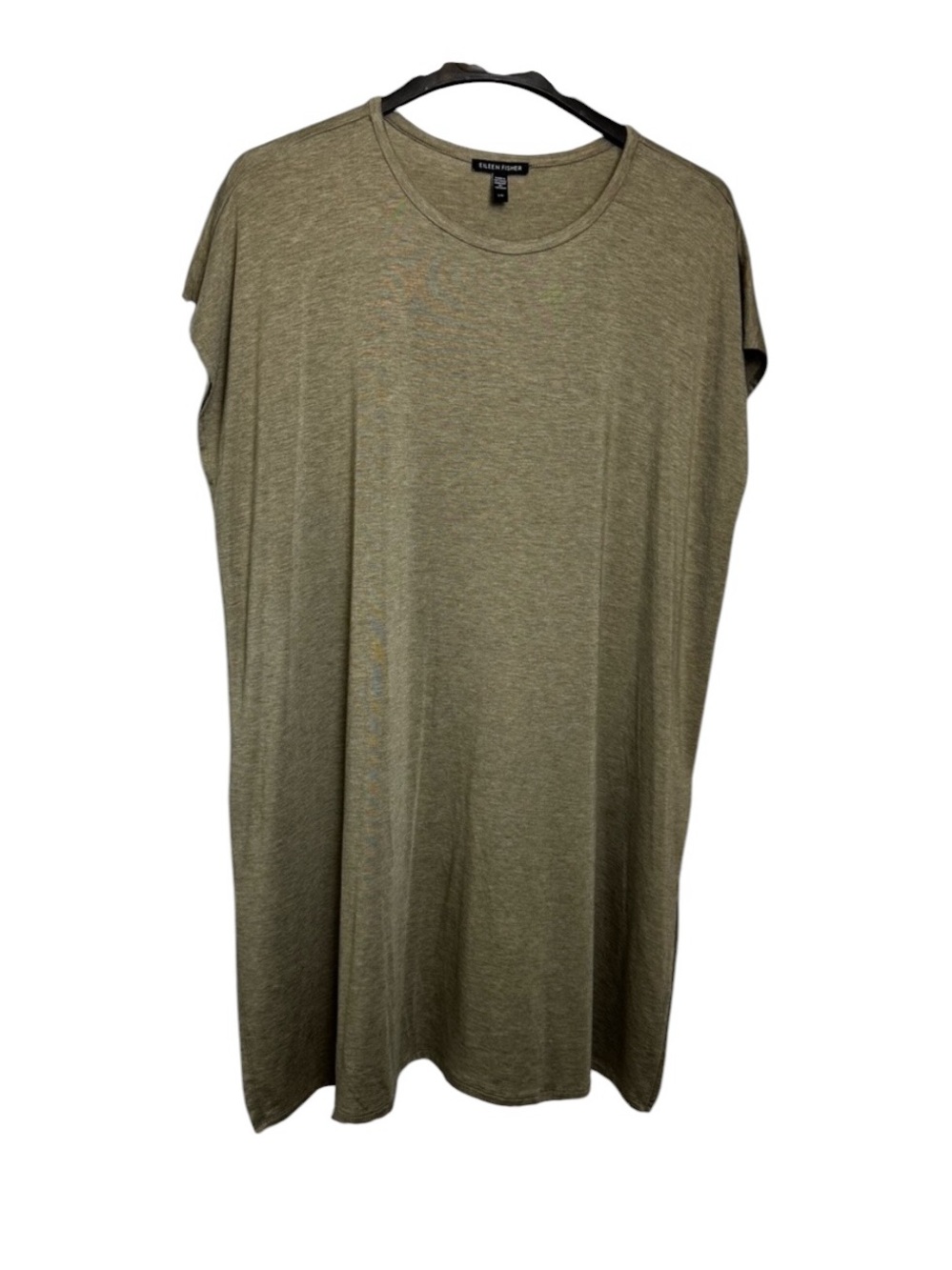 Eileen Fisher minimalist capsule tan grey shirt dress cap sleeve size Large